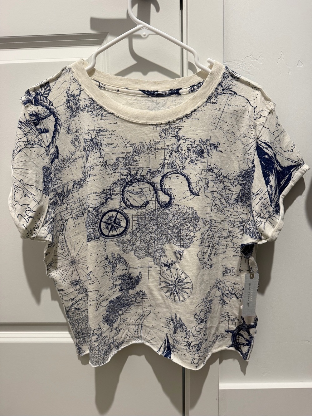 Anthropologie Mauve Printed Crewneck Tee in Cream with Navy Map Motif